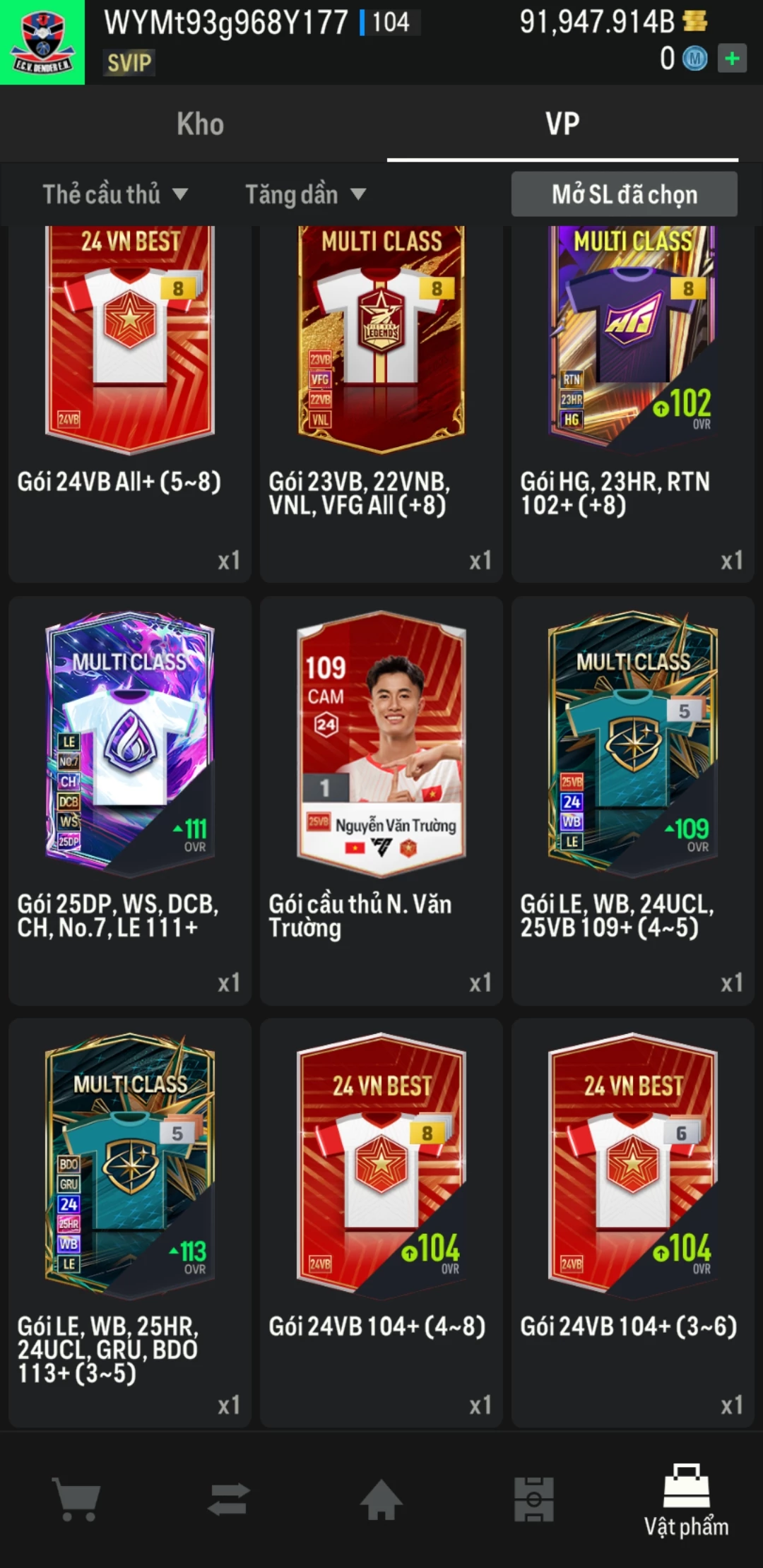 Ảnh ACC mở thẻ (LOẠI SUPER VIP) bao gồm có hơn 900+ đến 1100+ thẻ cầu thủ từ Siêu sao đến Miền núi các loại (ngẫu nhiên có: 01 thẻ +12 và 03 thẻ PRIME QH, XS, CP...) Acc có sẵn BP trắng từ 80.000 tỷ BP đến 120.000 tỷ BP kèm theo nhiều ngày SVIP